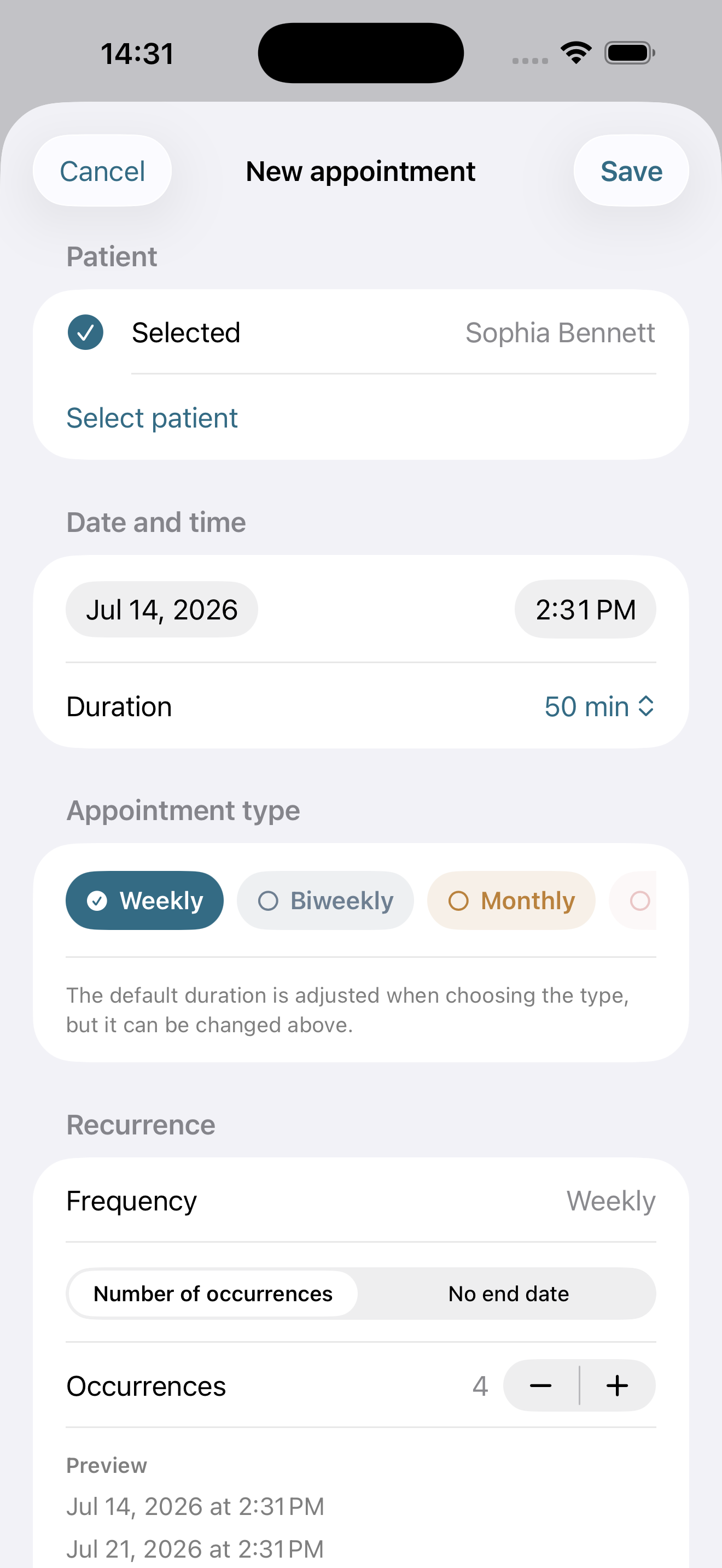 New recurring appointment form in PsiControle