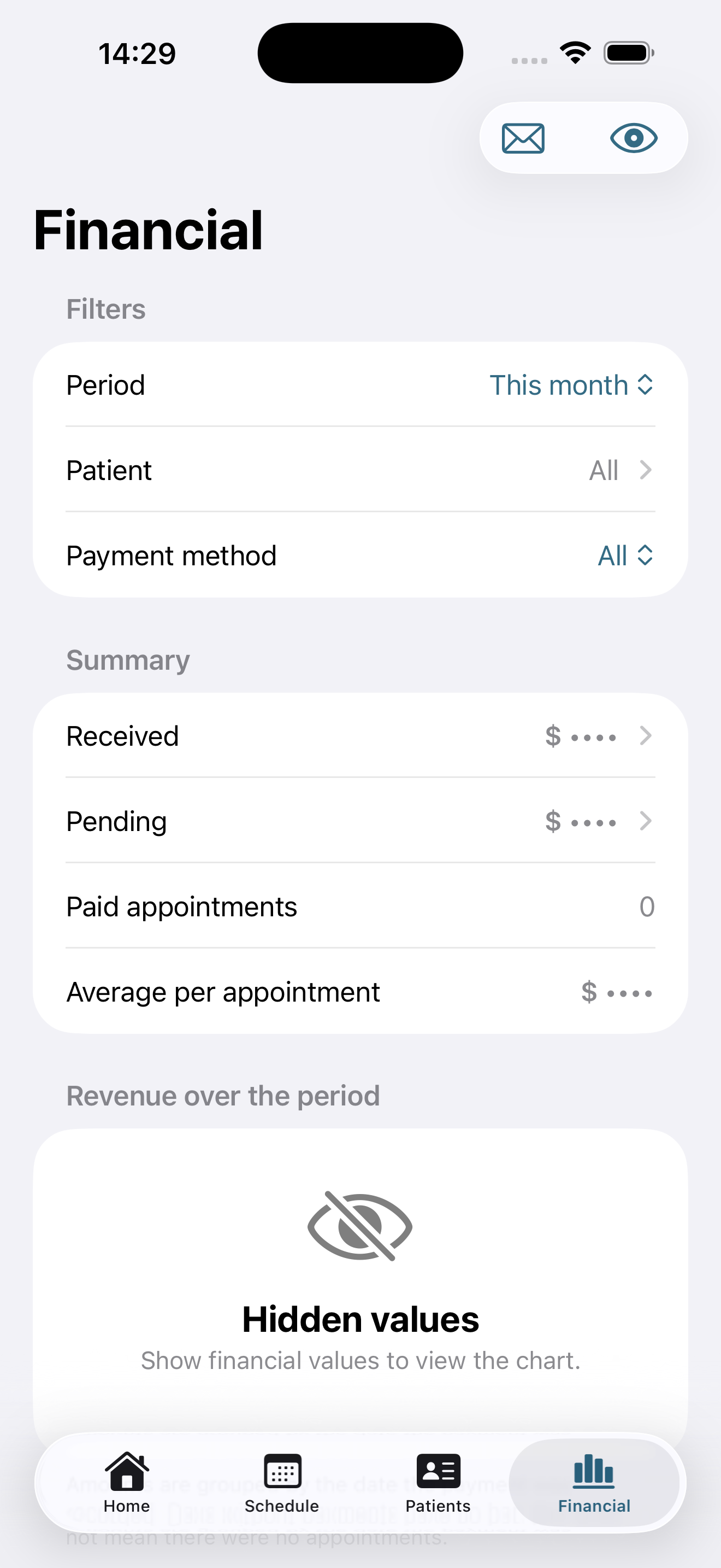 PsiControle financial screen with filters, summary, and protected values