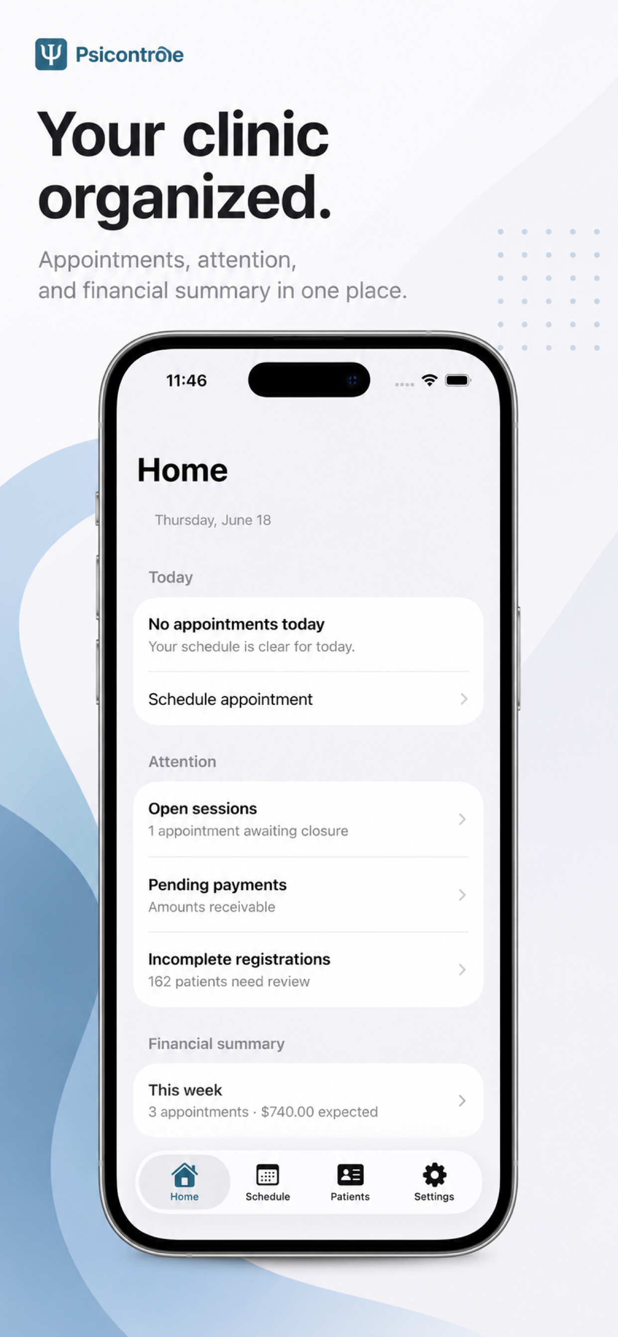 PsiControle home screen showing daily clinical routine and pending work
