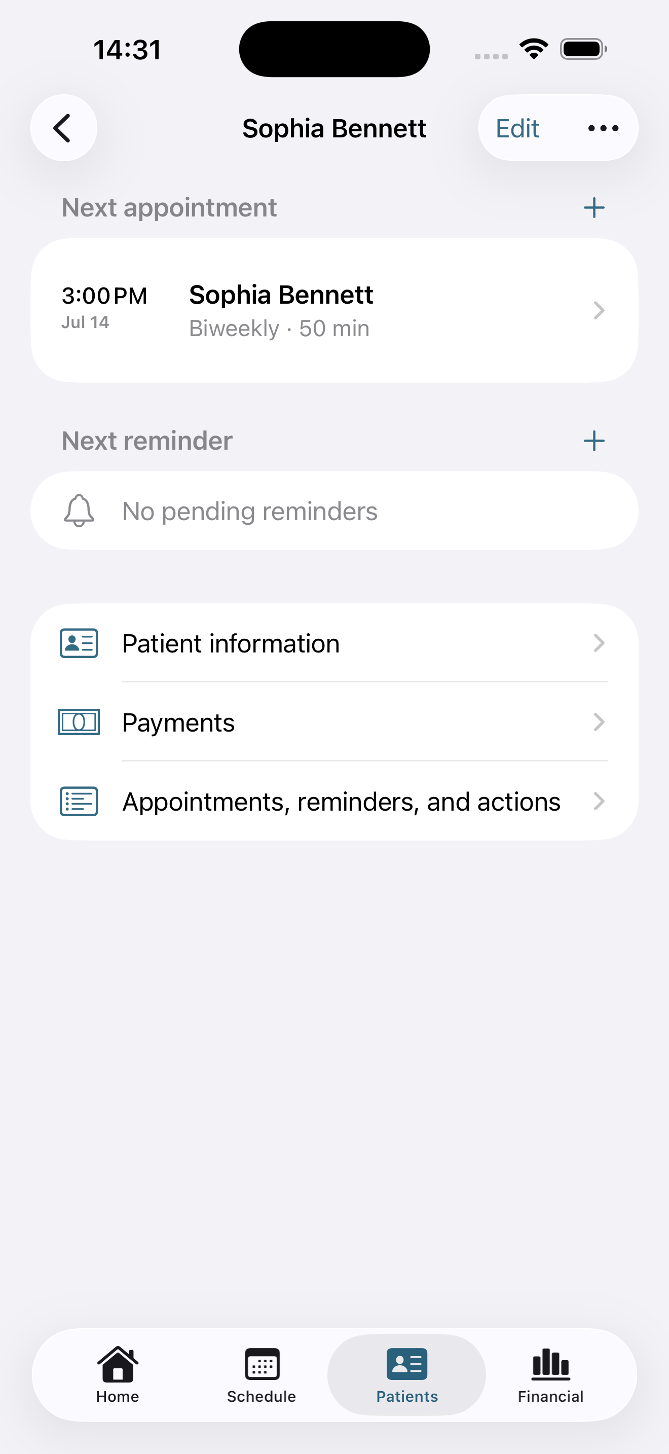 Patient details with next appointment, reminders, and payments