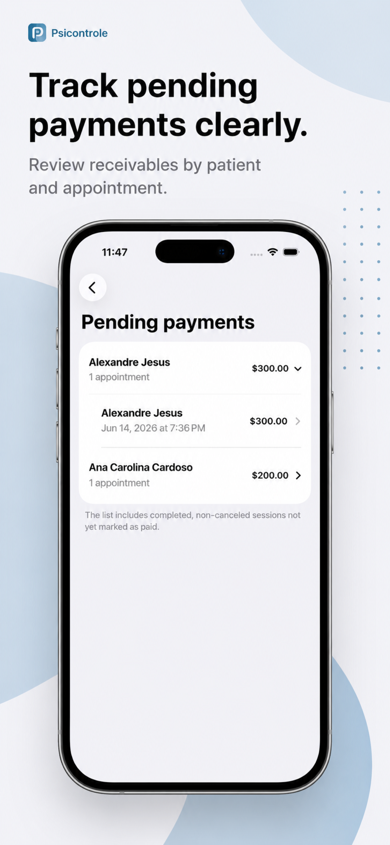 PsiControle receivables screen with pending payments grouped by patient