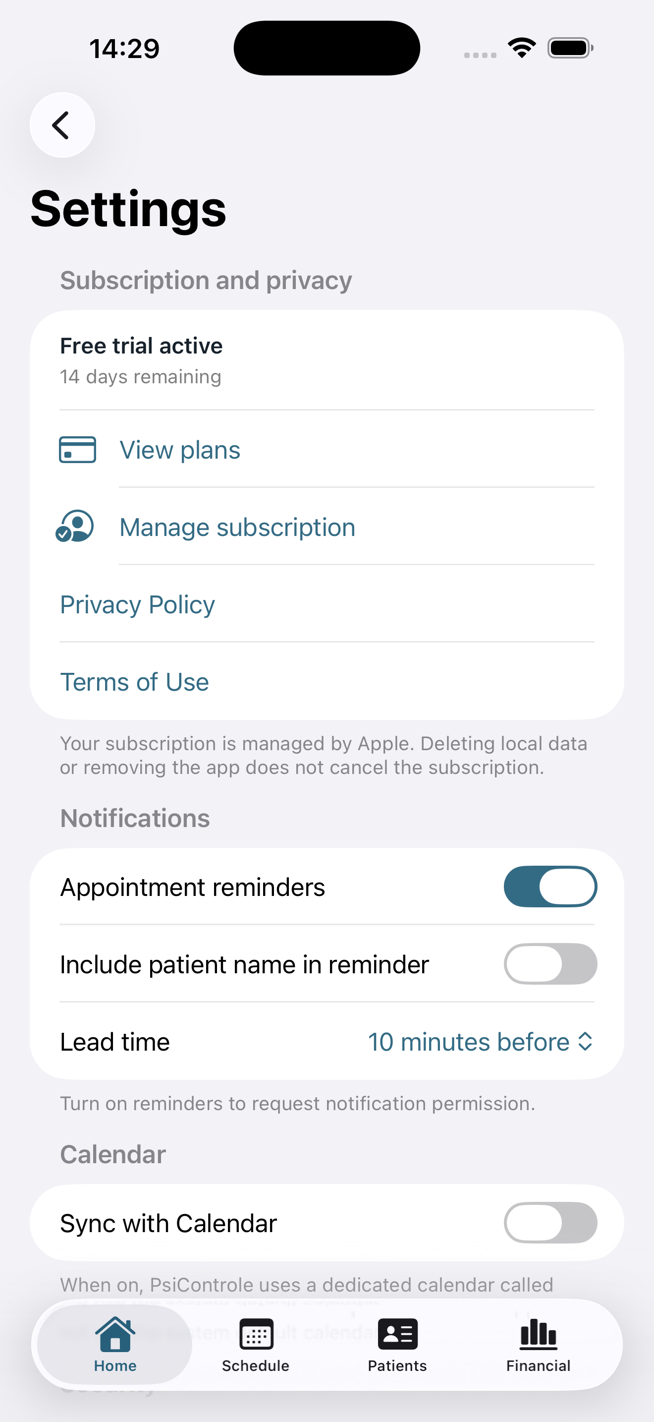 PsiControle privacy, notification, and Calendar settings