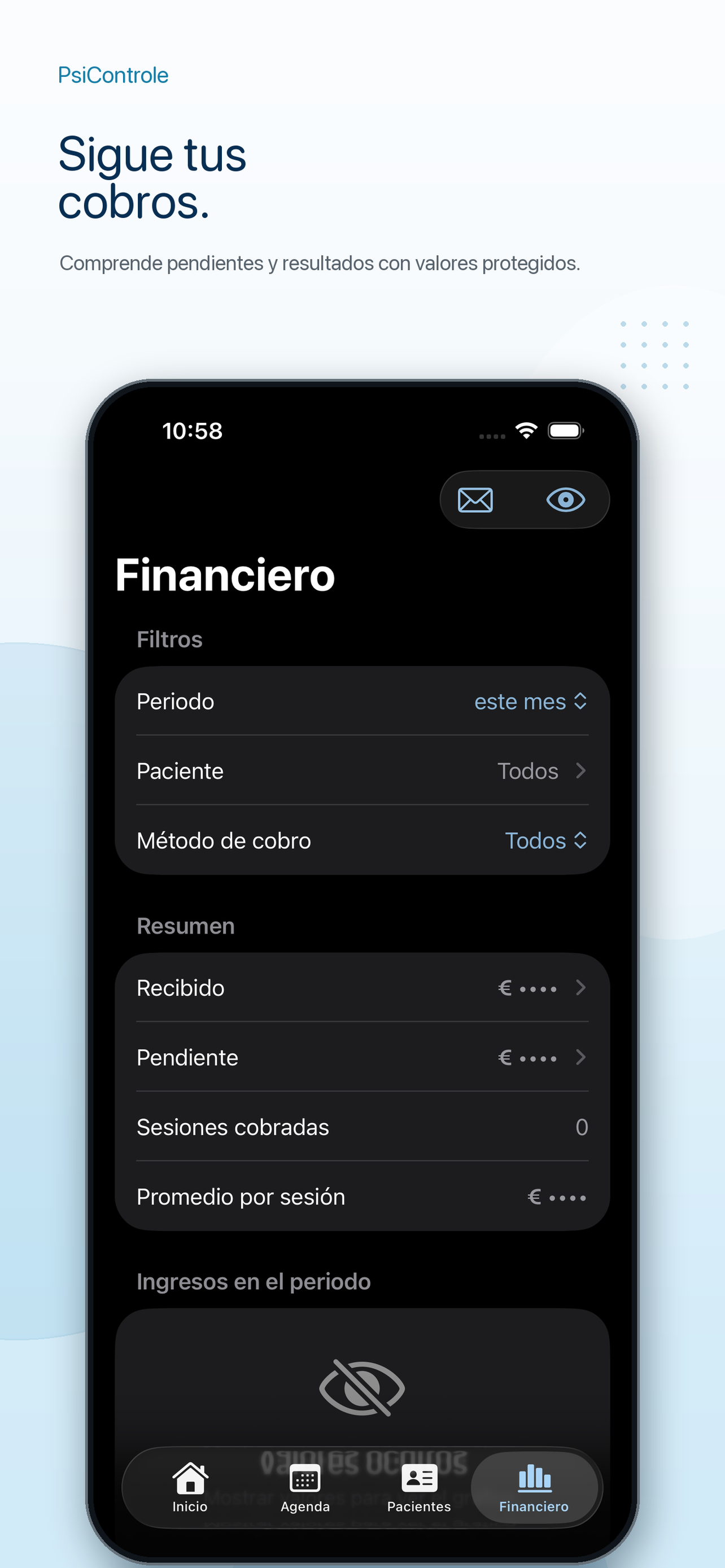 Pantalla financiera de PsiControle con filtros, resumen y valores protegidos