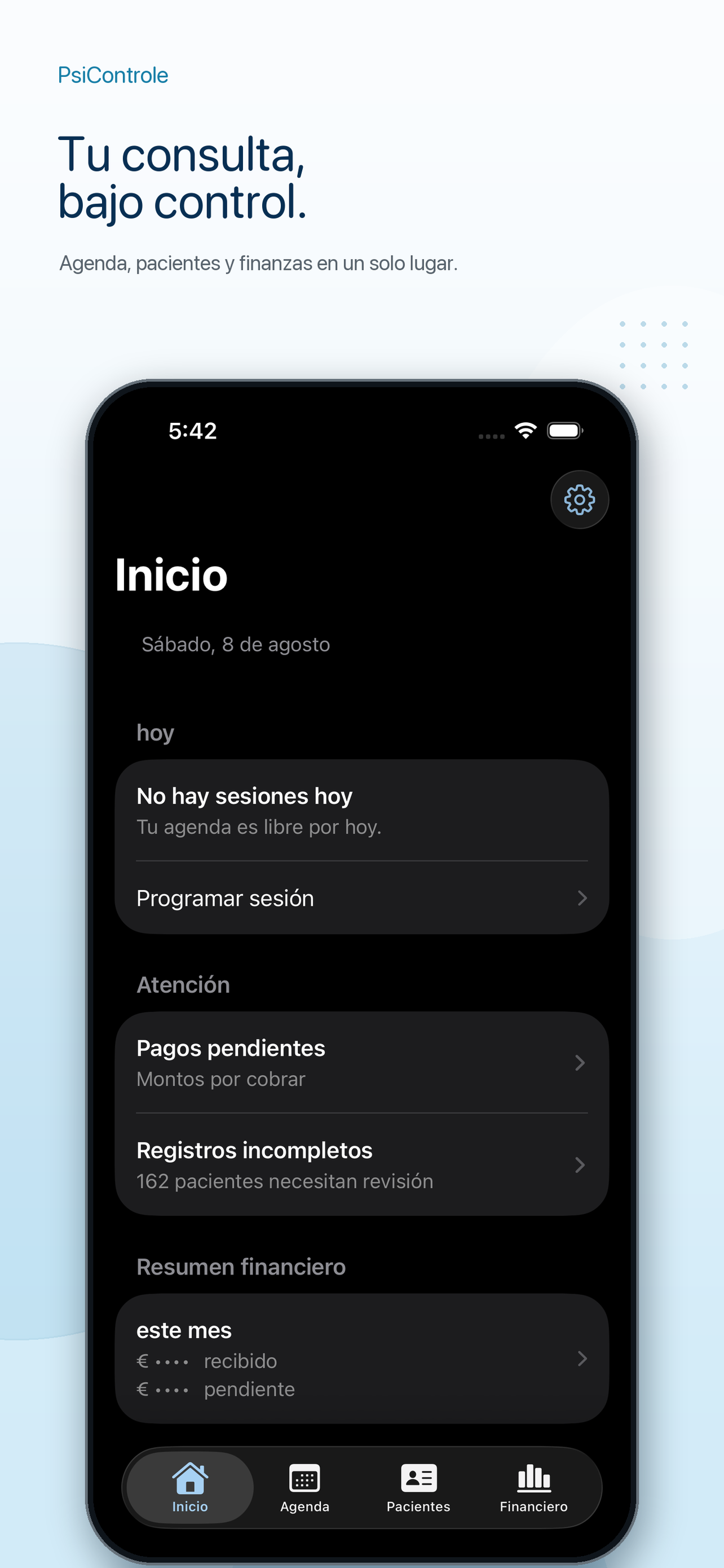 Pantalla de inicio de PsiControle con la rutina clínica del día y tareas pendientes