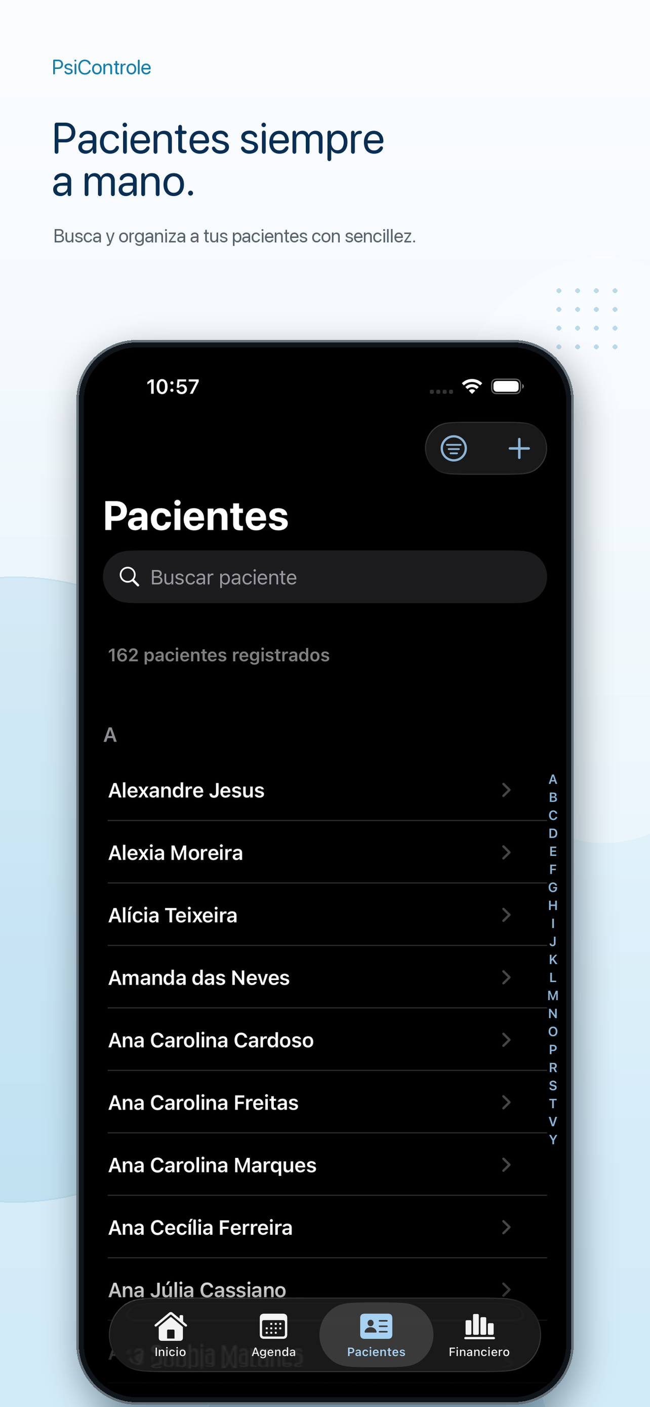 Pantalla de pacientes de PsiControle con búsqueda, filtros e indicadores
