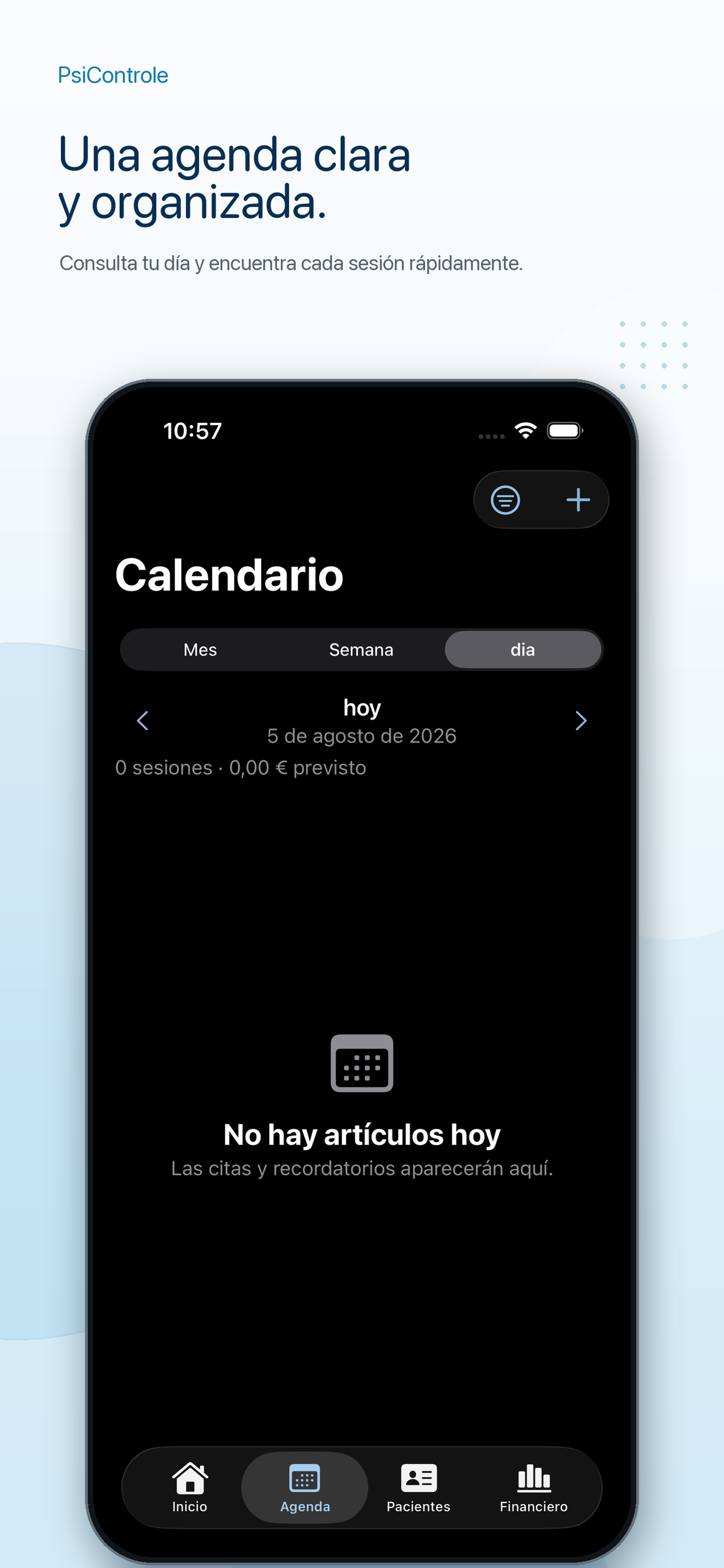 Pantalla de agenda de PsiControle con sesiones y contexto semanal
