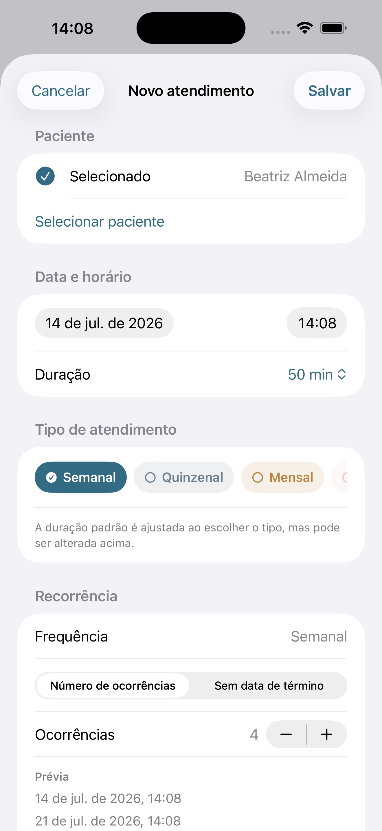 Formulário de novo atendimento recorrente no PsiControle