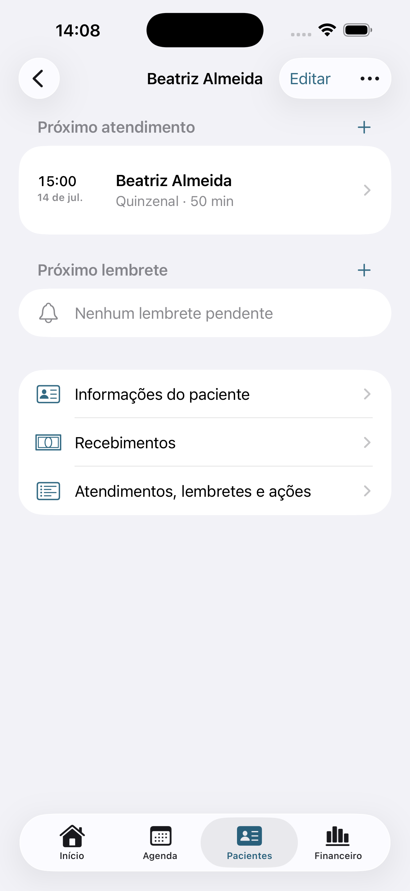 Detalhes de um paciente com próximo atendimento, lembretes e recebimentos