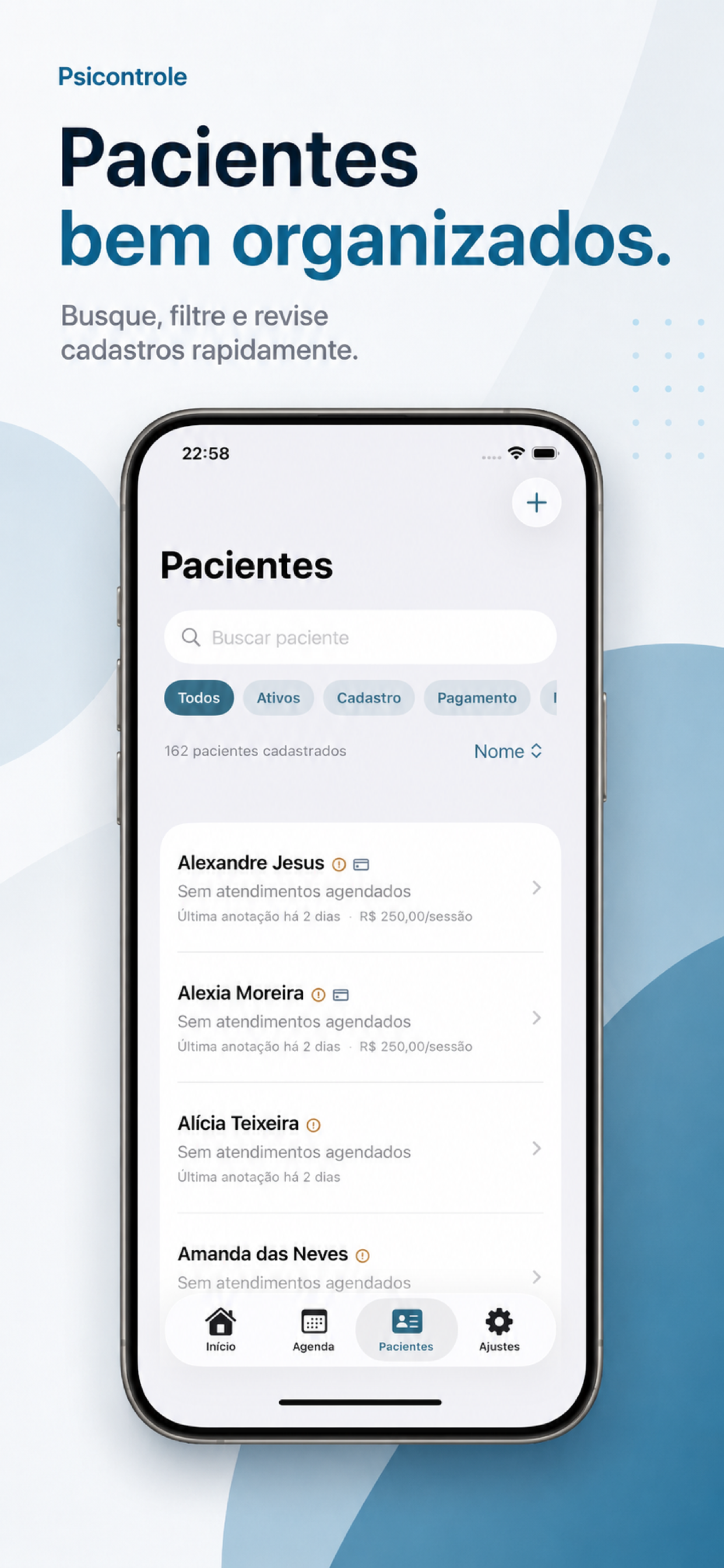 Tela de pacientes do PsiControle com busca, filtros e indicadores