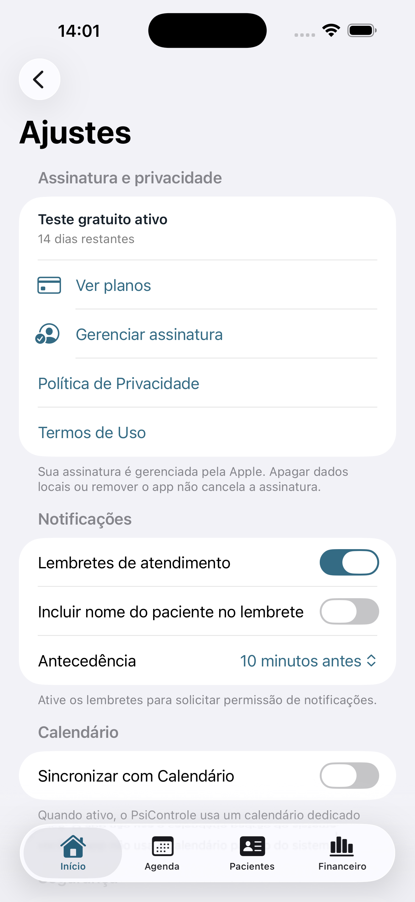 Ajustes de privacidade, notificações e Calendário do PsiControle